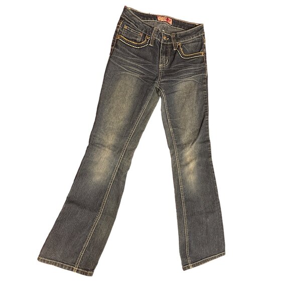 YMI Girls  Distressed Bootcut Jeans With Embroidered Pockets & Rhinestone Accent - Picture 4 of 7